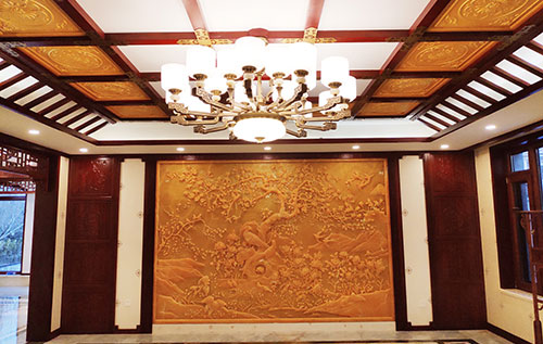 瓜州中式别墅客厅中式木作横梁吊顶装饰展示